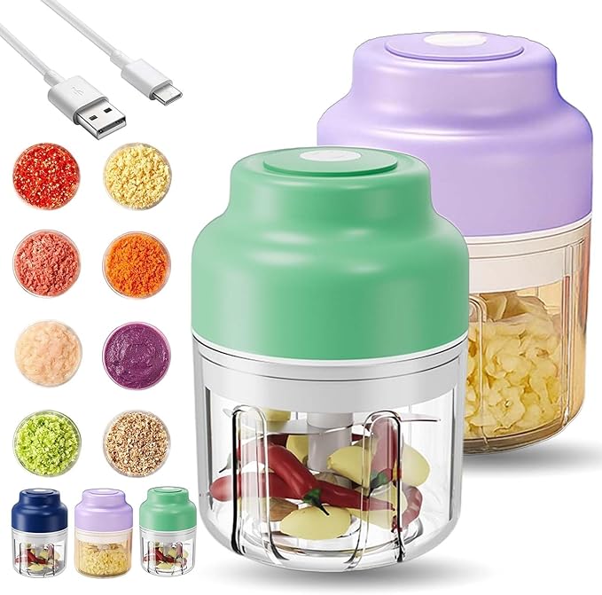 Electric Garlic Chopper, Mini Portable Veggie Cutter with 4/6 Stainless Steel Blades, Portable Wireless Rechargeable Mini Electric Garlic Food Chopper for Garlic, Onion, Chili, Nuts (2PCS-B,320ML)