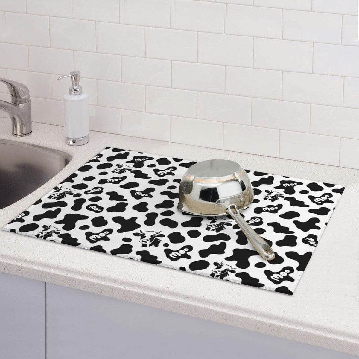 Black White Dish Drying Mat for Kitchen Counter 18"x24" Cow Print Dishes Pad Dish Drainer Rack Mats Microfiber Washable Absorbent Kitchen Decor