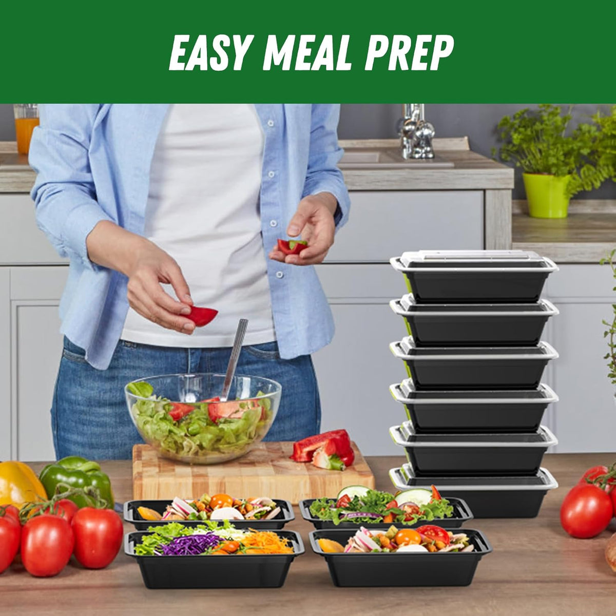 50 Pack (100-Piece) 38 oz Meal Prep Containers Reusable with Lids, Sturdy Leakproof & Food Safe, Microwave, Freezer, Dishwasher Safe Prep Containers, To Go Take Out Plastic Food Storage