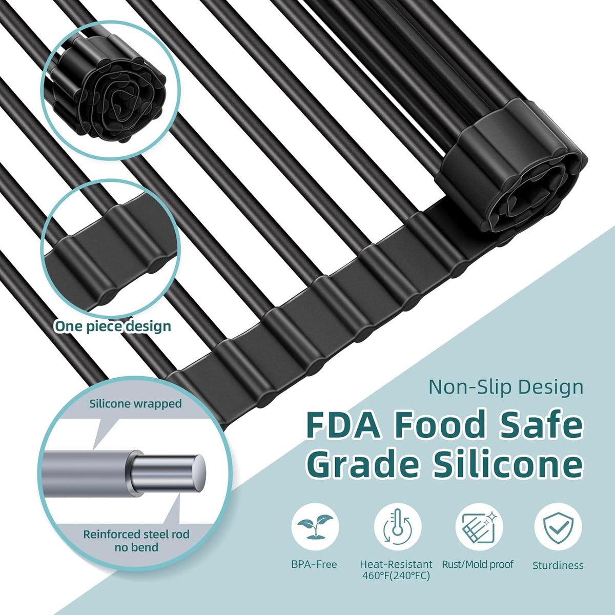 Ohuhu Over The Sink Dish Drainer Drying Rack, 17.6" W x 15.4" L Roll Up Dish Racks Kitchen Sink Organizer Silicone Wrapped Large in Sink Dish Drying Rack Foldable Rolling Drain Mats Anti-Slip