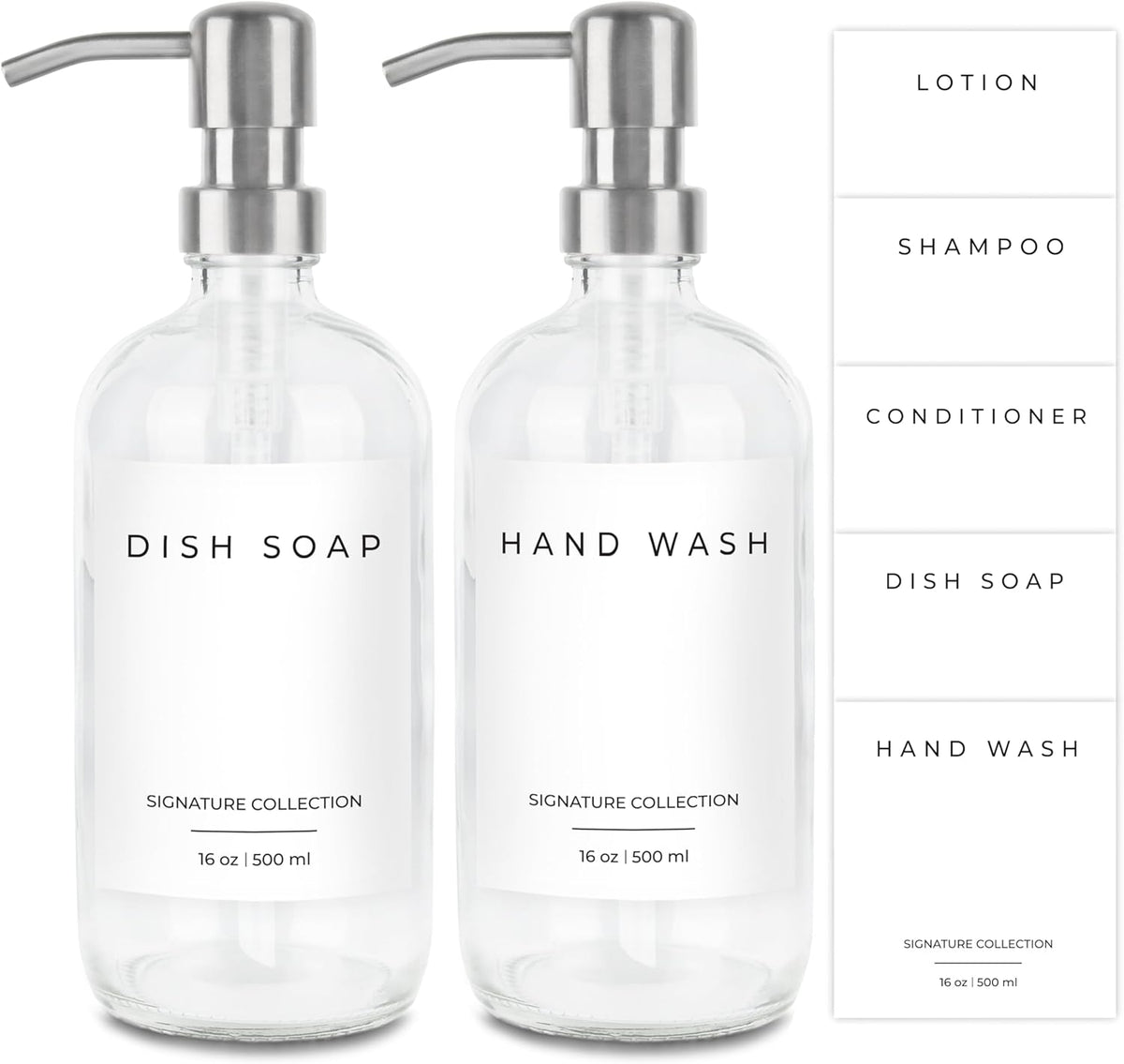 Emerson Essentials Soap Dispenser for Kitchen, Dish Dispenser for Kitchen, Bathroom Hands Set, Glass Bottles with Pump and Labels - 16 Oz, 2 Pack