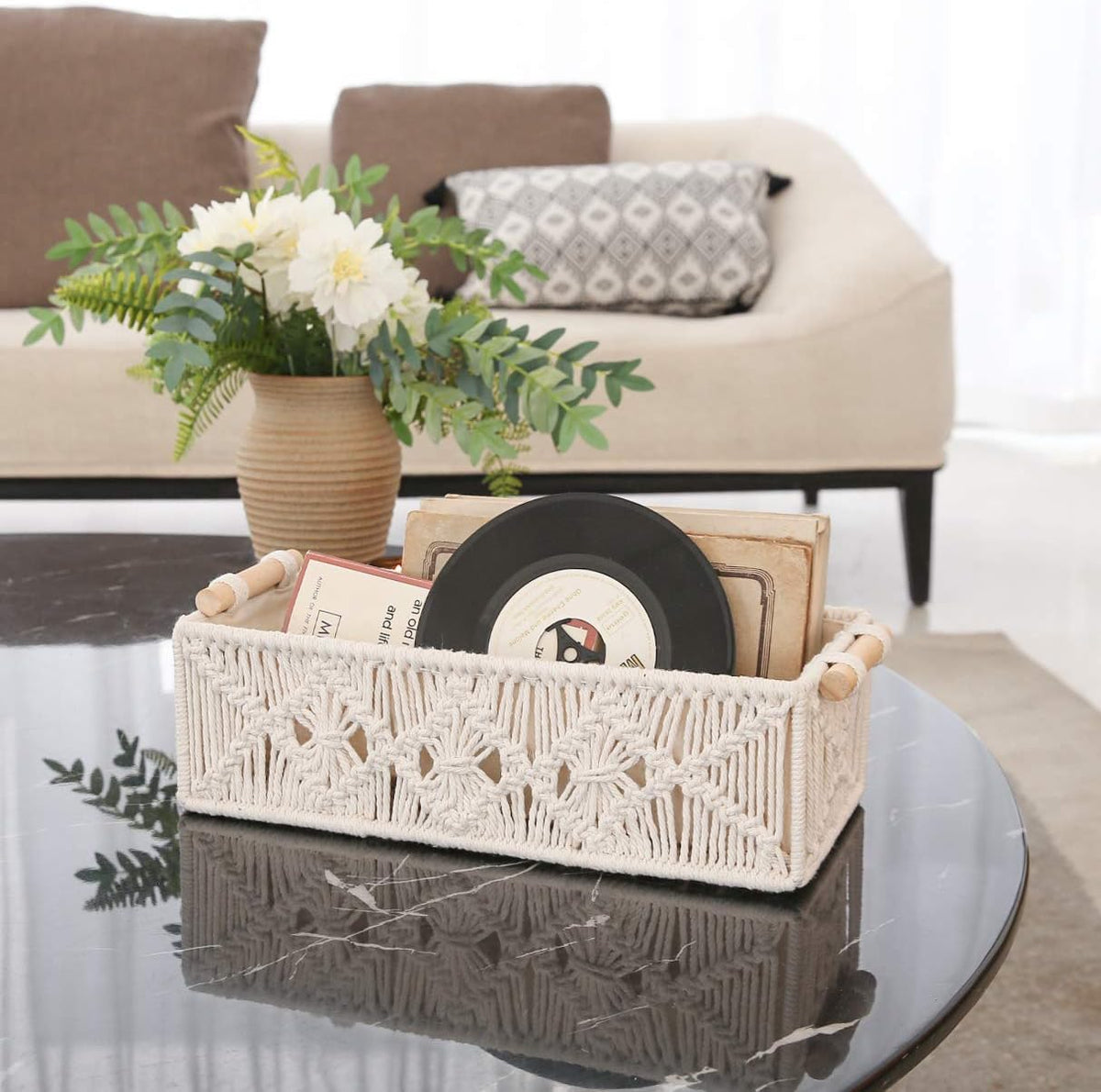 Mkono Macrame Storage Baskets Boho Decor Box Handmade Woven Decorative Countertop Toilet Tank Shelf Cabinet Organizer for Bedroom Livingroom Home, Set of 2, Ivory