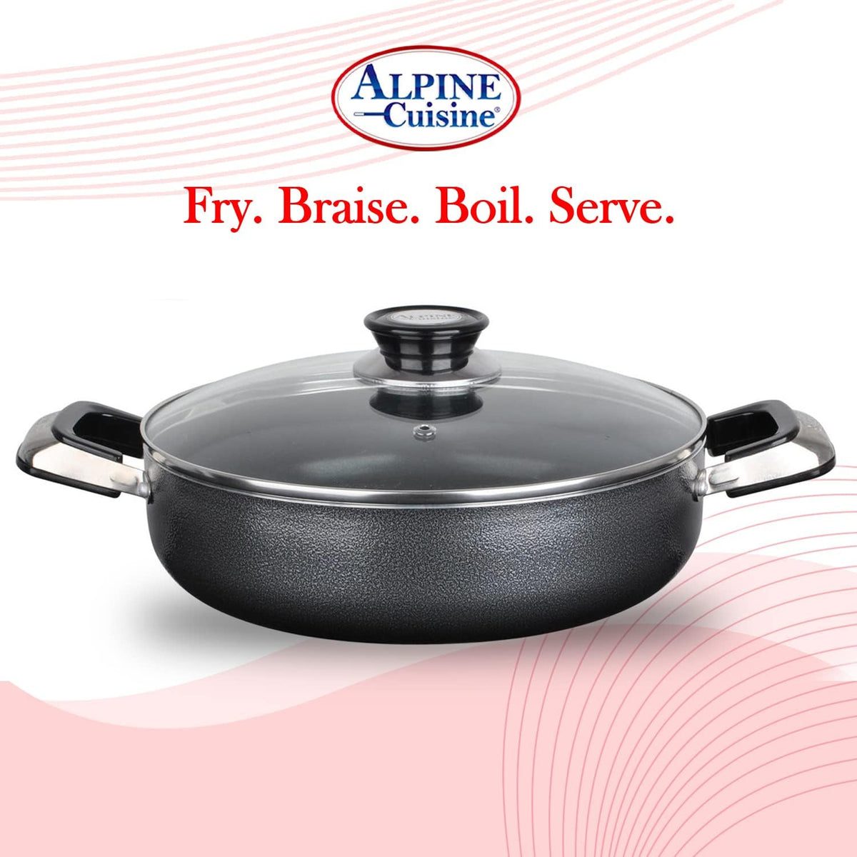 Alpine Cuisine 3 Quart Non-stick Caldero Stock Pot with Tempered Glass Lid and Carrying Handles, Multi-Purpose Cookware Aluminum Dutch Oven for Braising, Boiling, Stewing