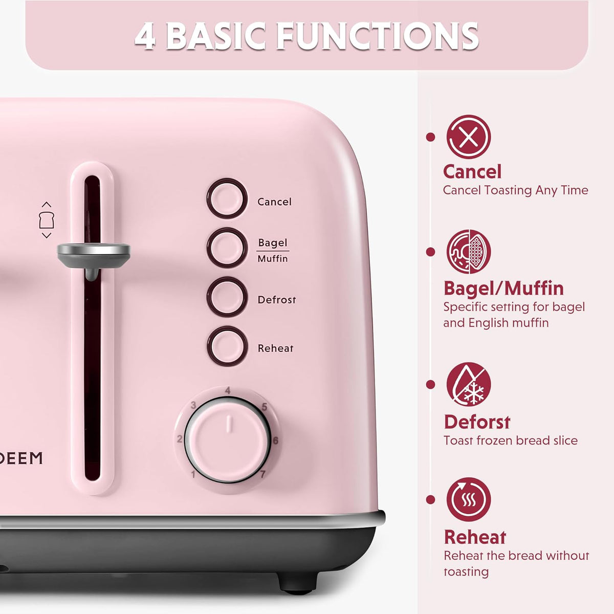 BUYDEEM DT640 4-Slice Toaster, Extra Wide Slots, Retro Stainless Steel with High Lift Lever, Bagel and Muffin Function, Removal Crumb Tray, 7-Shade Settings,Pink