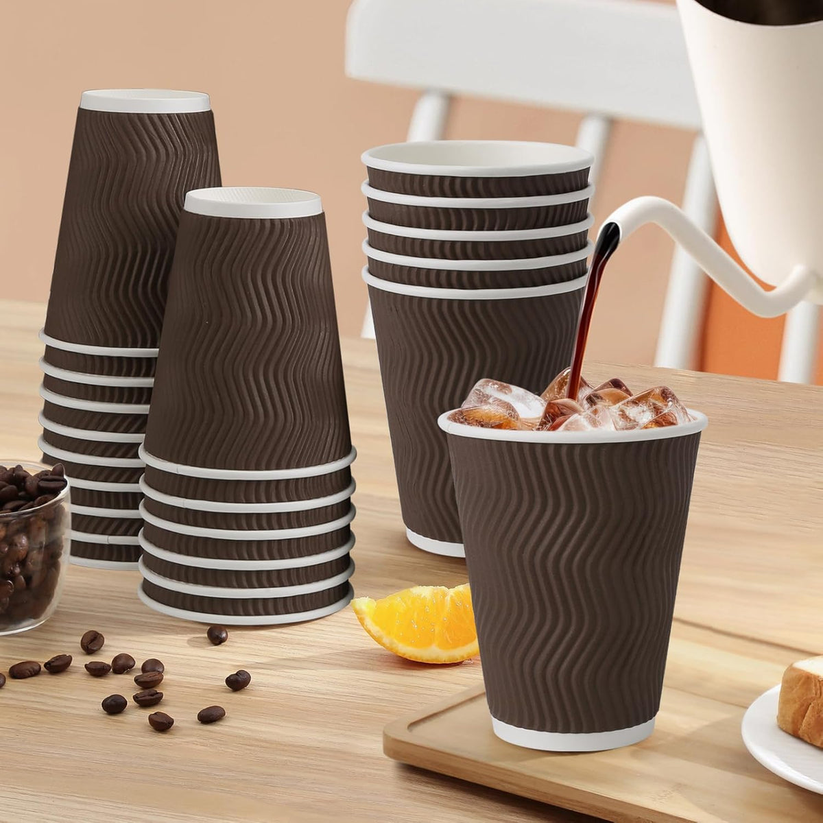 12 oz Coffee Cups Disposable, 100 Count Insulated Paper Coffee Cups, Corrugated Ripple Wall Design Paper Cup, Hot Cold Drinking Cup for Party, Picnic, Travel, Business, Home
