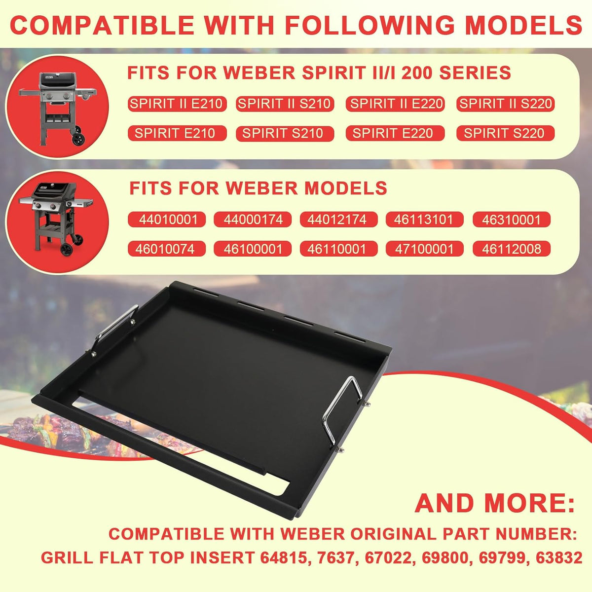 Spirit 200 Full Size Griddle Inserts for Weber GS4 Spirit II & I 200 Series 2-Burner E-210 E-220 S-220 S-210 S-215 Gas Grill Parts, Carbon Steel Flat Top Griddle Plate for Weber 7637 64815 Grate