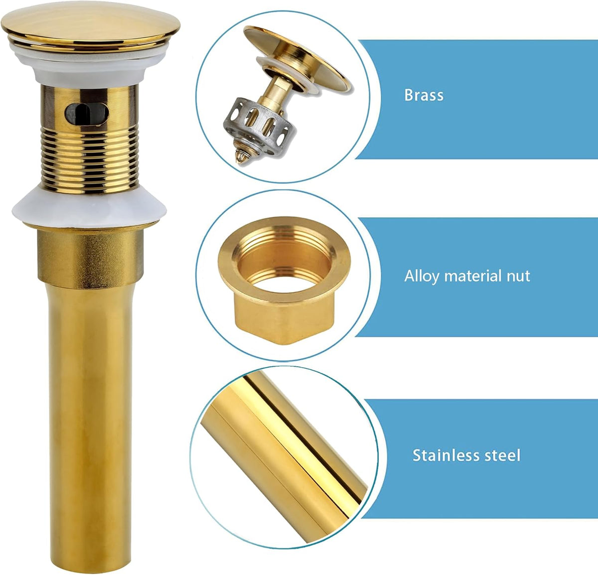 Bathroom Sink Drain, 2 Pack Gold Drain Stopper Bathroom Sink with Overflow, Pop Up Drain Assembly with Detachable Strainer Basket, Built-in Anti-Clogging Strainer,Stainless Steel