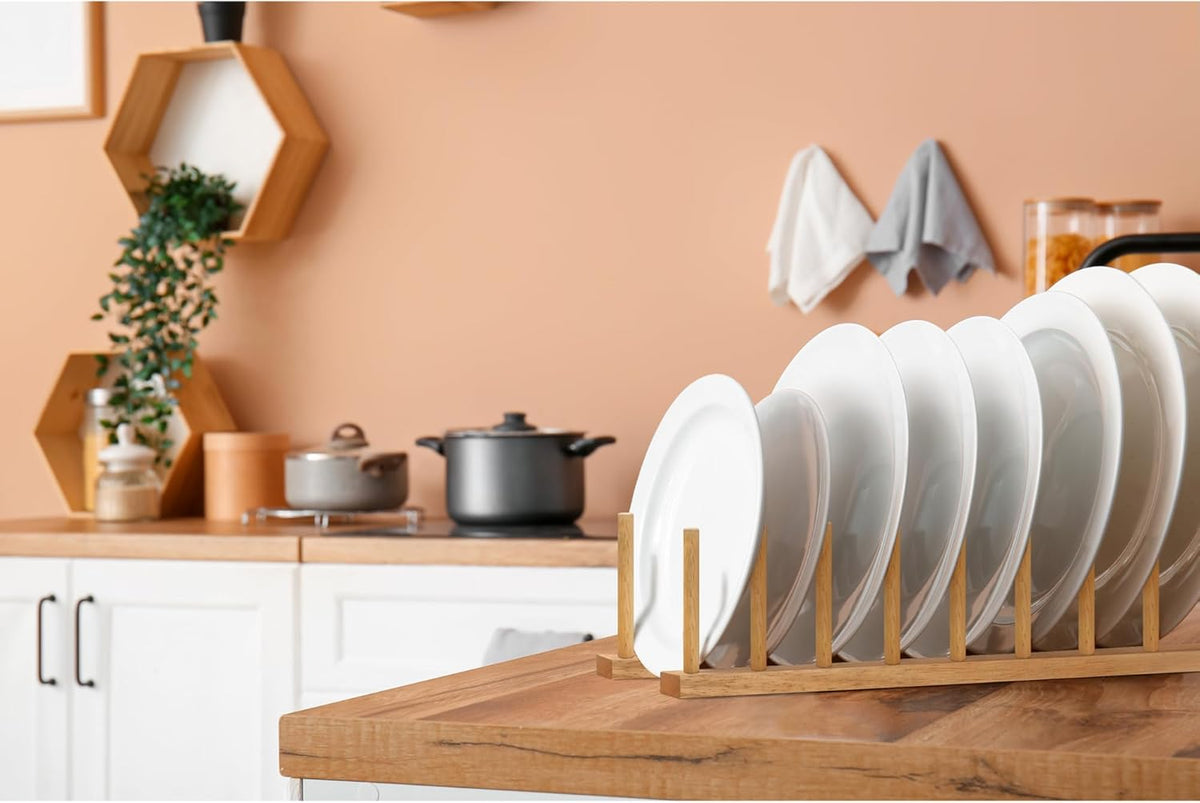 Solid Wood Kitchen Dish Drying Rack Plate Organizer for Kitchen Display Countertop (Pack of 2)