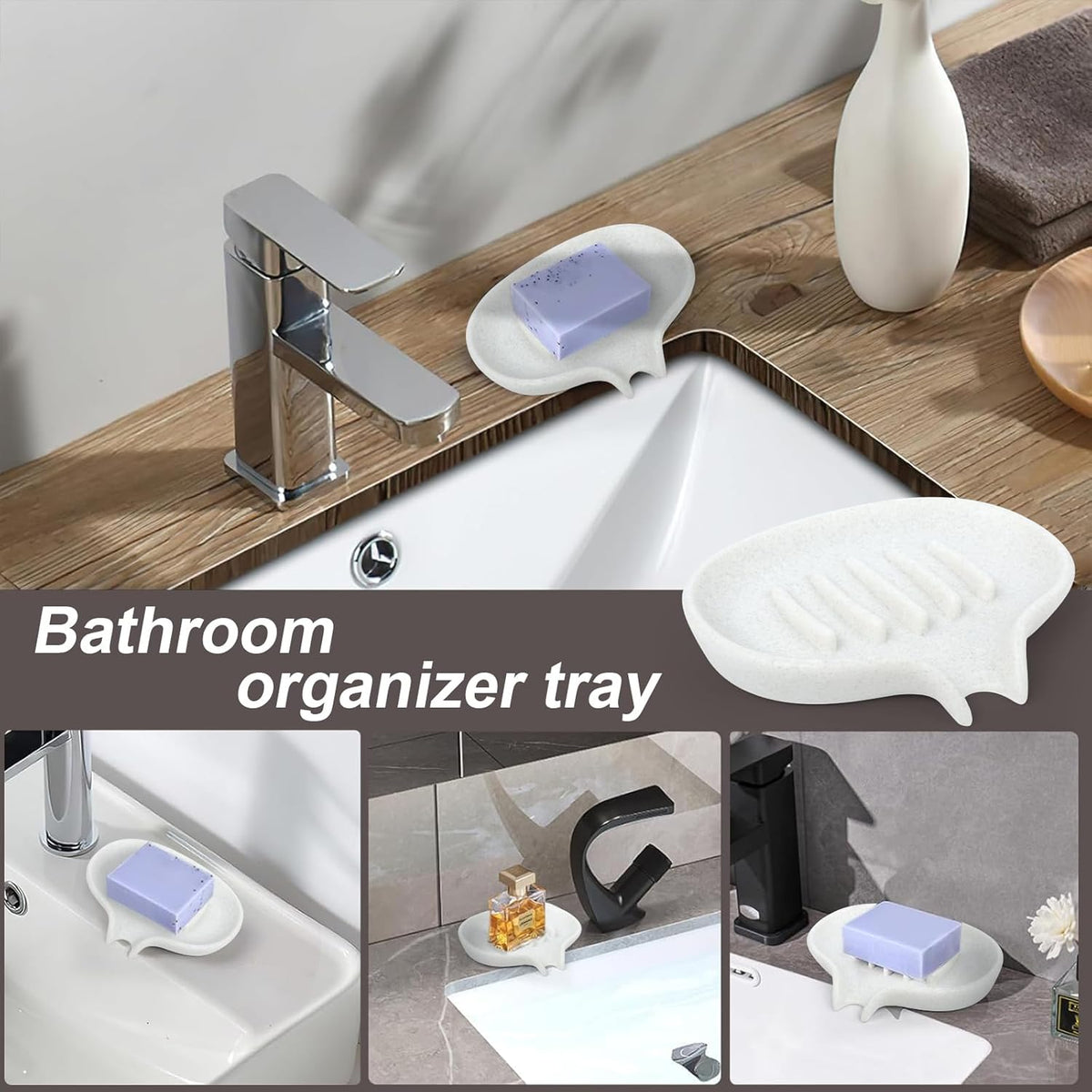 Soap Dish with Drain- Self Draining Bar Soap Holder for Shower, Marble Look Soap Savers Soap Tray Sponge Holder for Kitchen, Bathroom, Bathtub Sink, Crystal White