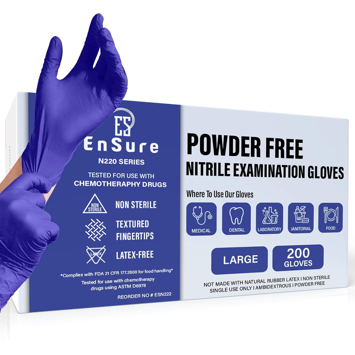 EnSure Nitrile Exam Gloves, Powder-Free, Latex-Free, Chemo Rated, Non-Sterile, Light Duty, Textured Tips, Medical, Surgical, Food Safe, Cleaning, Dental, Lab Use - 3 Mil (Large, 200 Count)