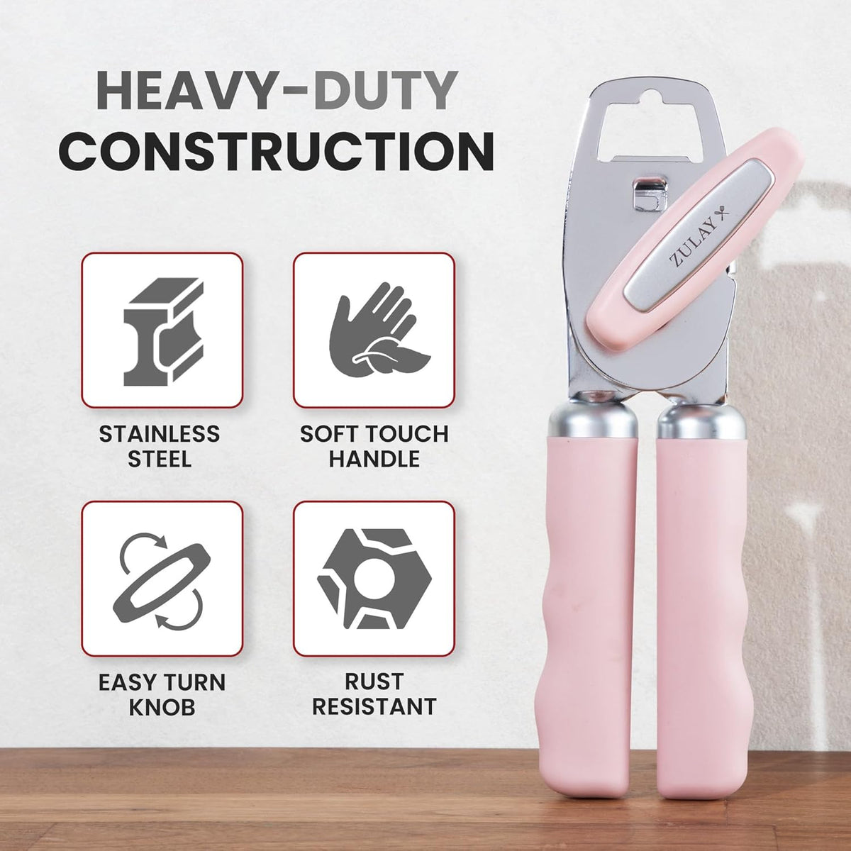 Zulay Kitchen Heavy Duty Stainless Steel Can Opener Manual with Bottle Opener - Rust Proof Manual Can Opener With Turn Knob & Comfy Soft Grip Handles - Light Pink