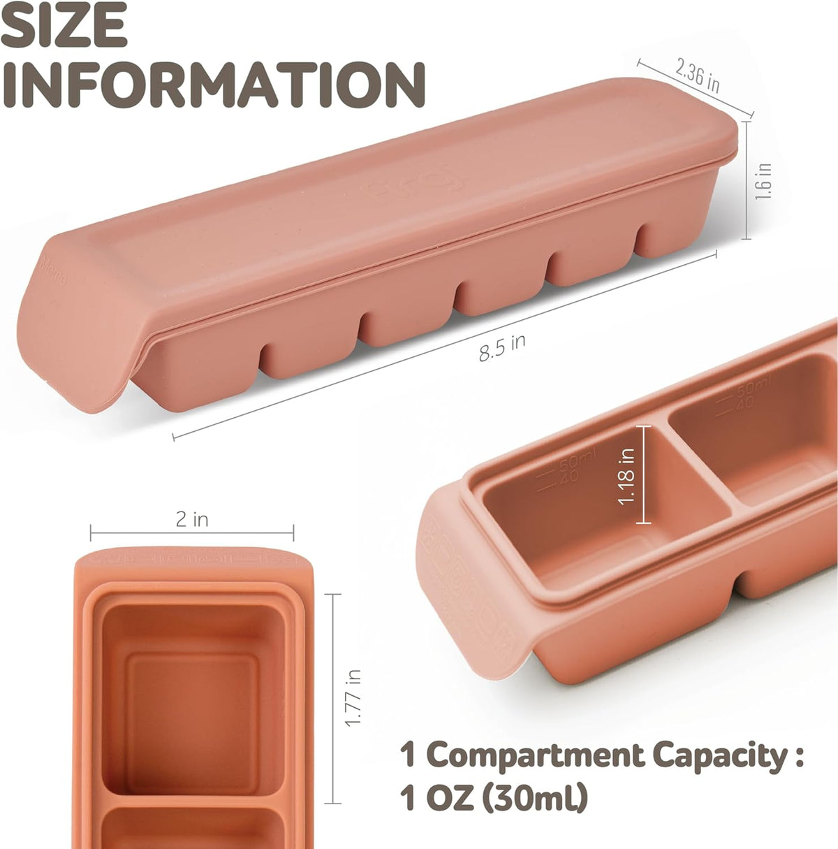 6 Section-1oz, Taupe Brown Breastmilk Freezer Storage Trays, Food Grade Silicone Tray container Leak Resistant with Lids Baby, Toddler Food Fruit Vegetable Purees Storage Container | BPA Free