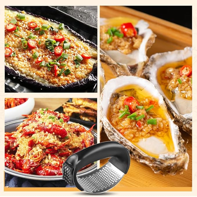 Stainless Steel Garlic Press Rocker, 2025 New Garlic Mincer and Garlic Crusher, Easy-Squeeze Garlic Tool with Peeler and Cleaning Brush for Smashing Garlic (2 Set)
