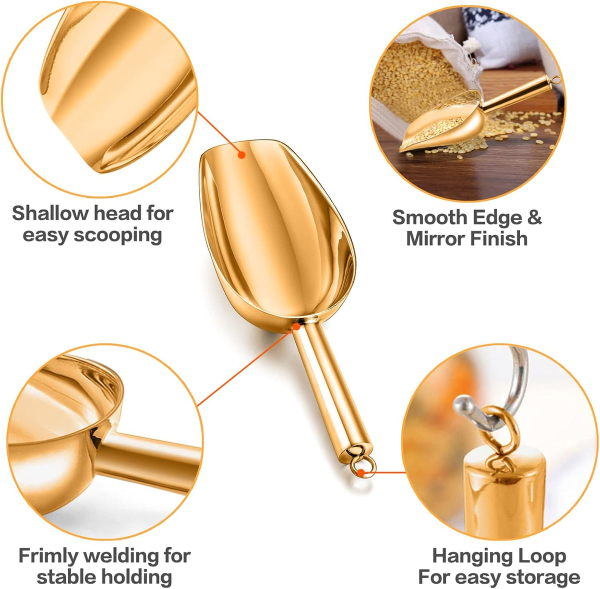 TeamFar 5oz Ice Scoop, Stainless Steel Food Scoop Metal Ice Scooper for Kitchen Bar Party Wedding, Heavy Duty & Sturdy, Easy Storage & Versatile, Mirror Finish & Smooth Edge, Gold
