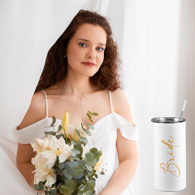Bridesmaid Proposal Gifts Set of 5 Bachelorette Gifts for Bridesmaids Maid of Honor Cups Wedding Party Favors Stainless Steel Skinny Tumbler with Lid and Straw 15 OZ