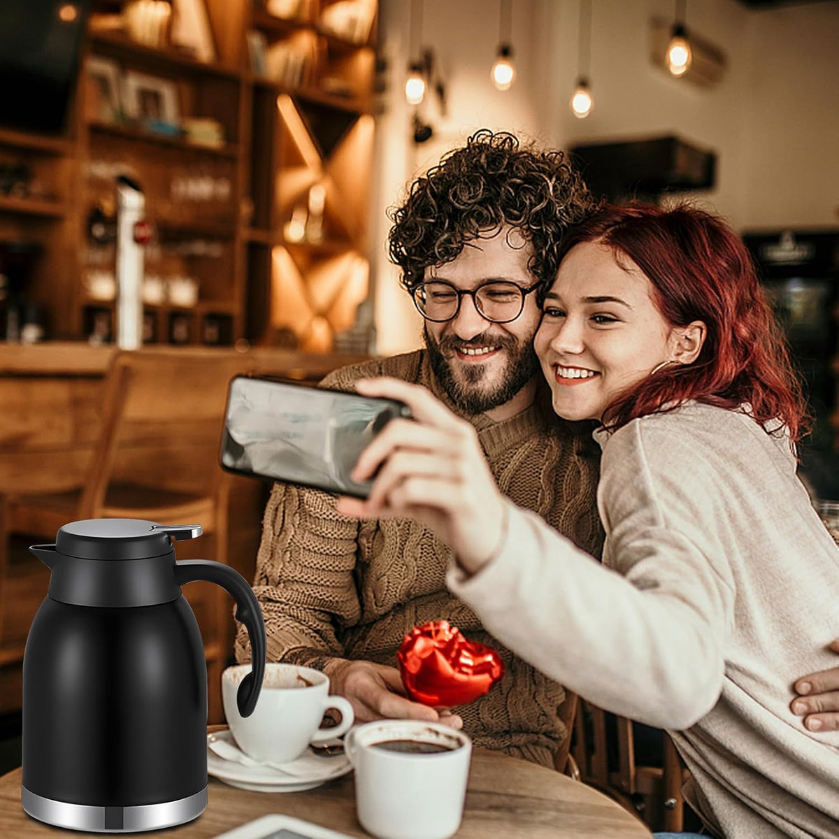 54oz Thermal Coffee Carafe Dispenser, Stainless Steel Double Wall Unbreakable Vacuum Flask 1.6L Water Tea Pot Pitcher for Hot Christmas Carafe Coffee for Home Gifts(Matte Black)