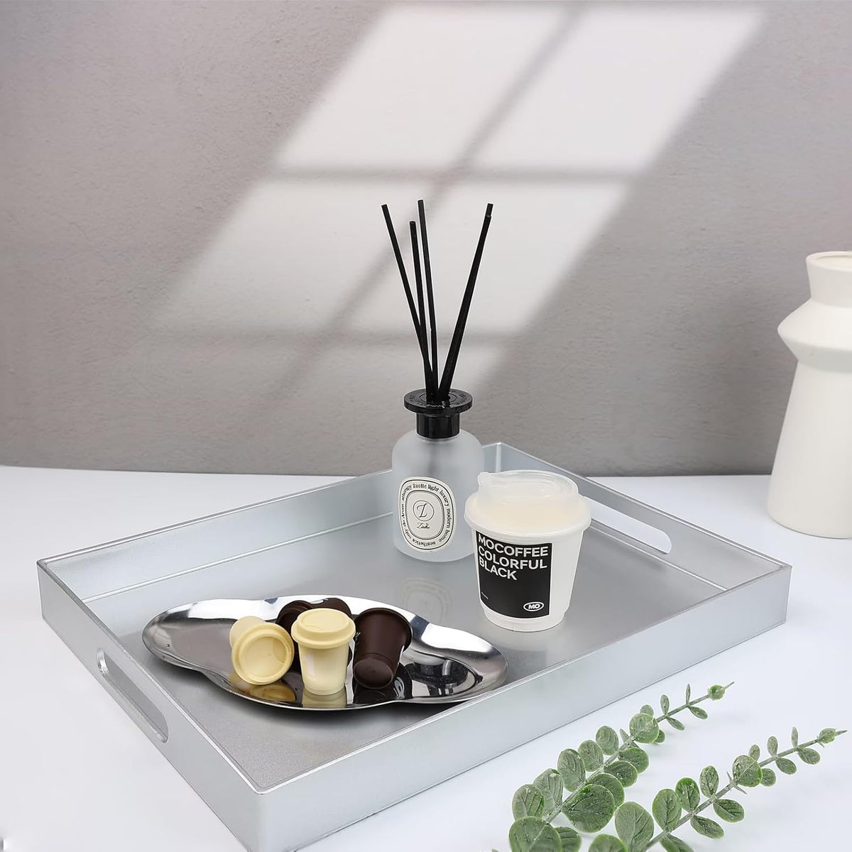 Spsyrine Silver Plastic Serving Tray for Ottoman, Coffee Table, Rectangle Decorative Tray for Entertaining, Outdoor, Living Room, Home Decor