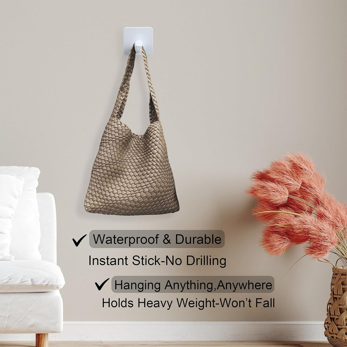 Aluminum Wall Hooks, No Drill Damage-Free Adhesive Hook, Product for Hanging Heavy Duty for Bathroom Kitchen Home (Slanting Square White Hook, 4)