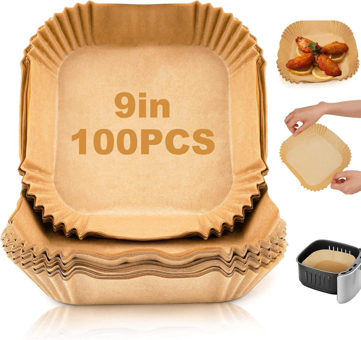 Disposable Air Fryer Paper Liners: 100Pcs 9 In Large Square Non Stick Parchment, Air Fryer Basket Liner for 8Qt - 12Qt Airfryer