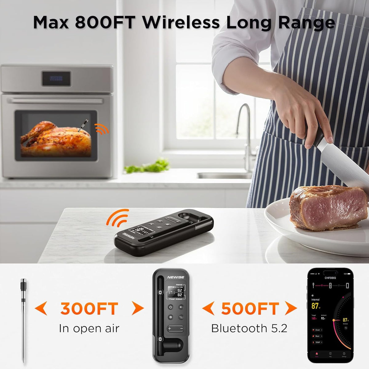 Bluetooth Meat Thermometer with Smart APP, 800FT Wireless Range & LCD Base, Rechargeable Probe, Digital Food Thermometer for BBQ, Grill, Chefs, Air Fryer, Gifts for Men Dad