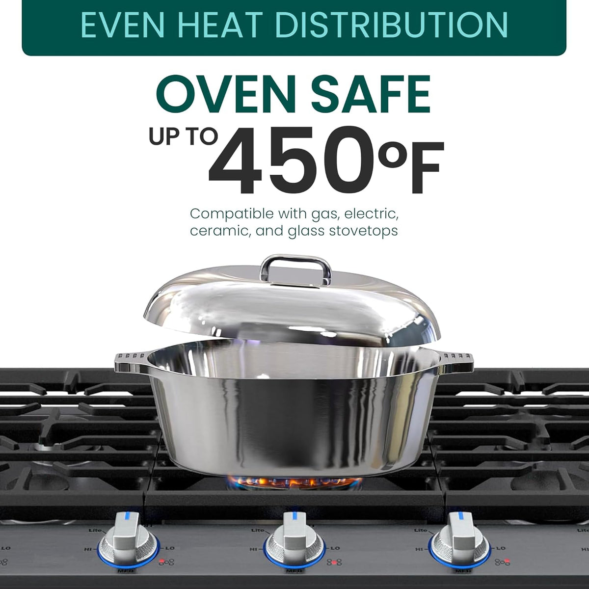 Cast Aluminum Oval Dutch Oven with Lid — 5 QT Heavy Duty Roaster Pan with Rack & Silicone Cover Dual Handles — Cajun Cookware for Roasting, Baking, Cooking (11" Small)