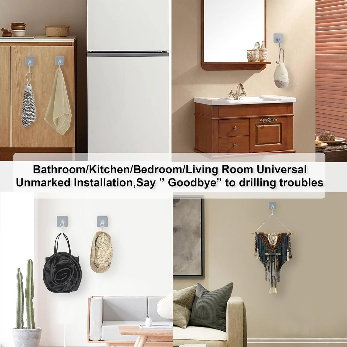 Aluminum Wall Hooks, No Drill Damage-Free Adhesive Hook, Product for Hanging Heavy Duty for Bathroom Kitchen Home (Curved Square Sliver Hook, 4)