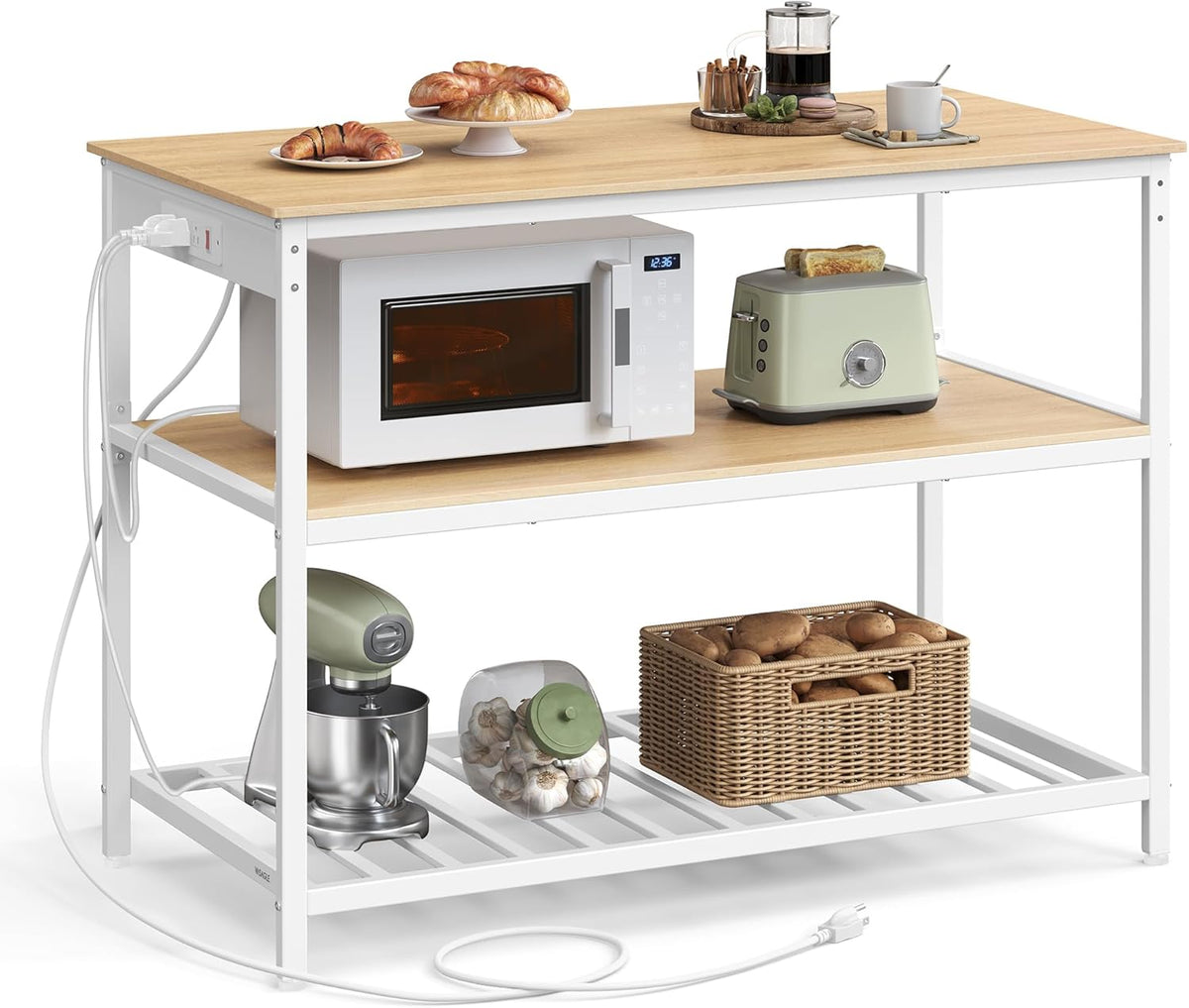 VASAGLE Kitchen Island with 3 Shelves, Kitchen Shelf with Power Strip, 23.6 x 47.2 x 34.9 Inches, Large Worktop, Steel Structure, Industrial, Easy to Assemble, Oak Color and White UKKI101Y01