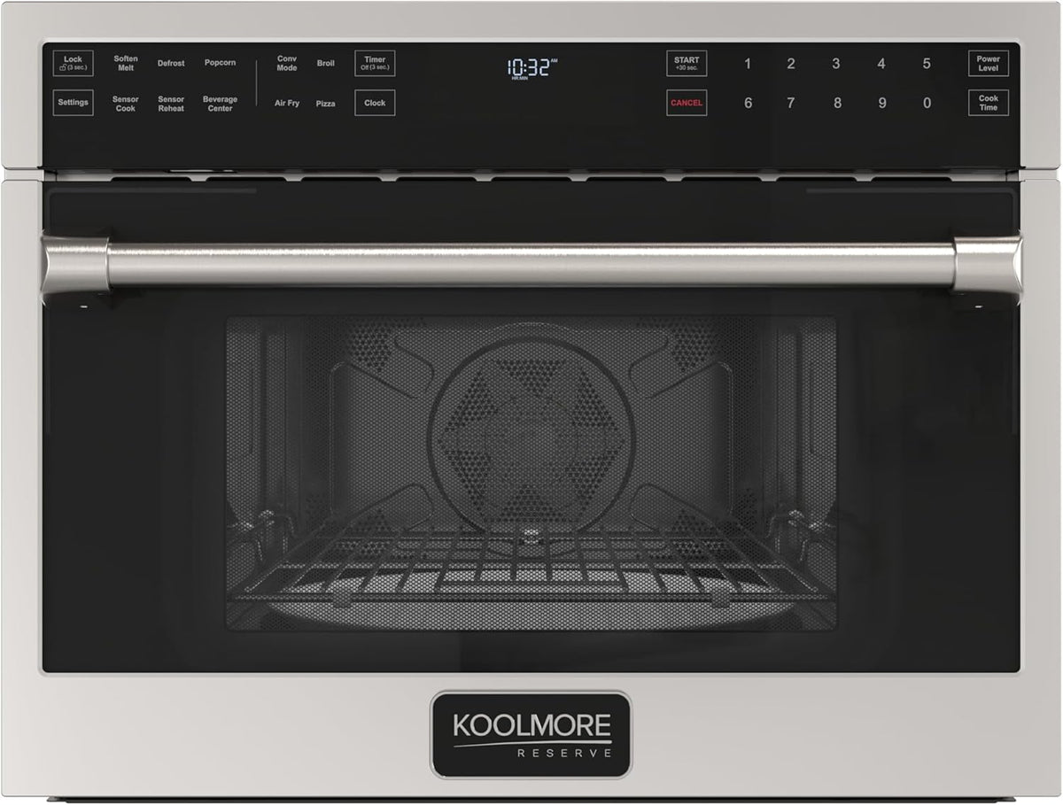 KoolMore KM-CWO24-AFSS Reserve Built-in Microwave Convection Oven with Air Fry, 3-in-1 Combo, Sensor Cook, Soft-Close Door, Stainless Steel, Premium 24 in. /1.6 cu. ft, Black
