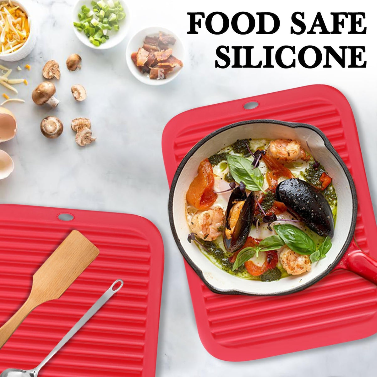 2 Pack Silicone Trivets - Heat Resistant Non-Slip Flexible Pot Holders for Hot Dishes & Pans - Red Silicone Trivet Mat Dish Drying Mat Spoon Rest, 9x12 in