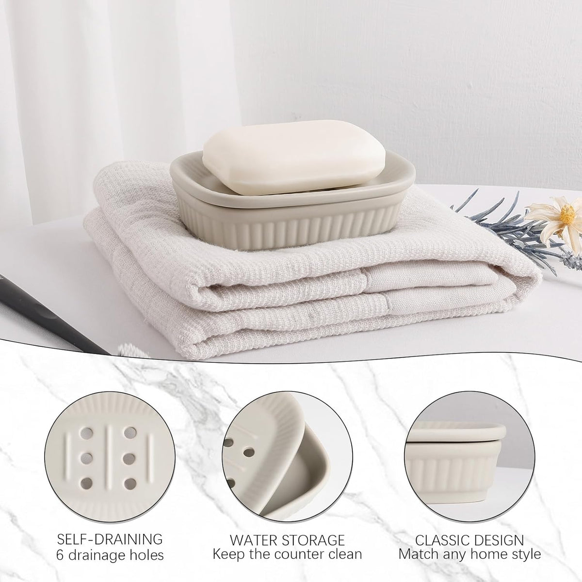Soap Dish, Self-draining Bar Soap Holder, Ceramic Double Layer Soap Dishes for Bar Soap, Draining Soap Dish for Bathroom Shower Kitchen, Minimalist Vintage Style, Keep Soap Dry, Grey, ANTIS'S HOME
