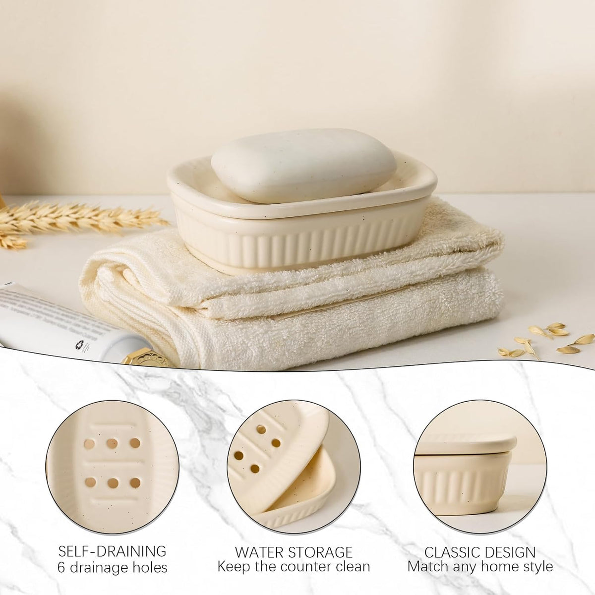 Ceramic Soap Dish, Self-draining Soap Holder, Double Layer Bar Soap Holder, Speckled Draining Soap Dishes for Bathroom Shower Kitchen, Minimalist Vintage Style, Keep Soap Dry, ANTIS'S HOME