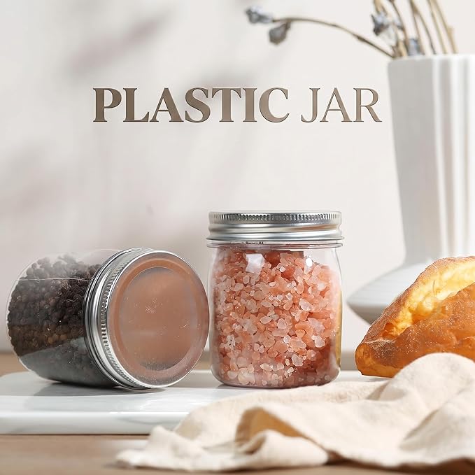 novelinks 8 oz Clear Plastic Jars with Airtight Lids, 8 Pack Plastic Mason Jars with Lids 8oz, Refillable Storage Slime Containers & Small Spice Jar for Kitchen Organization (8 Pack,Silver)
