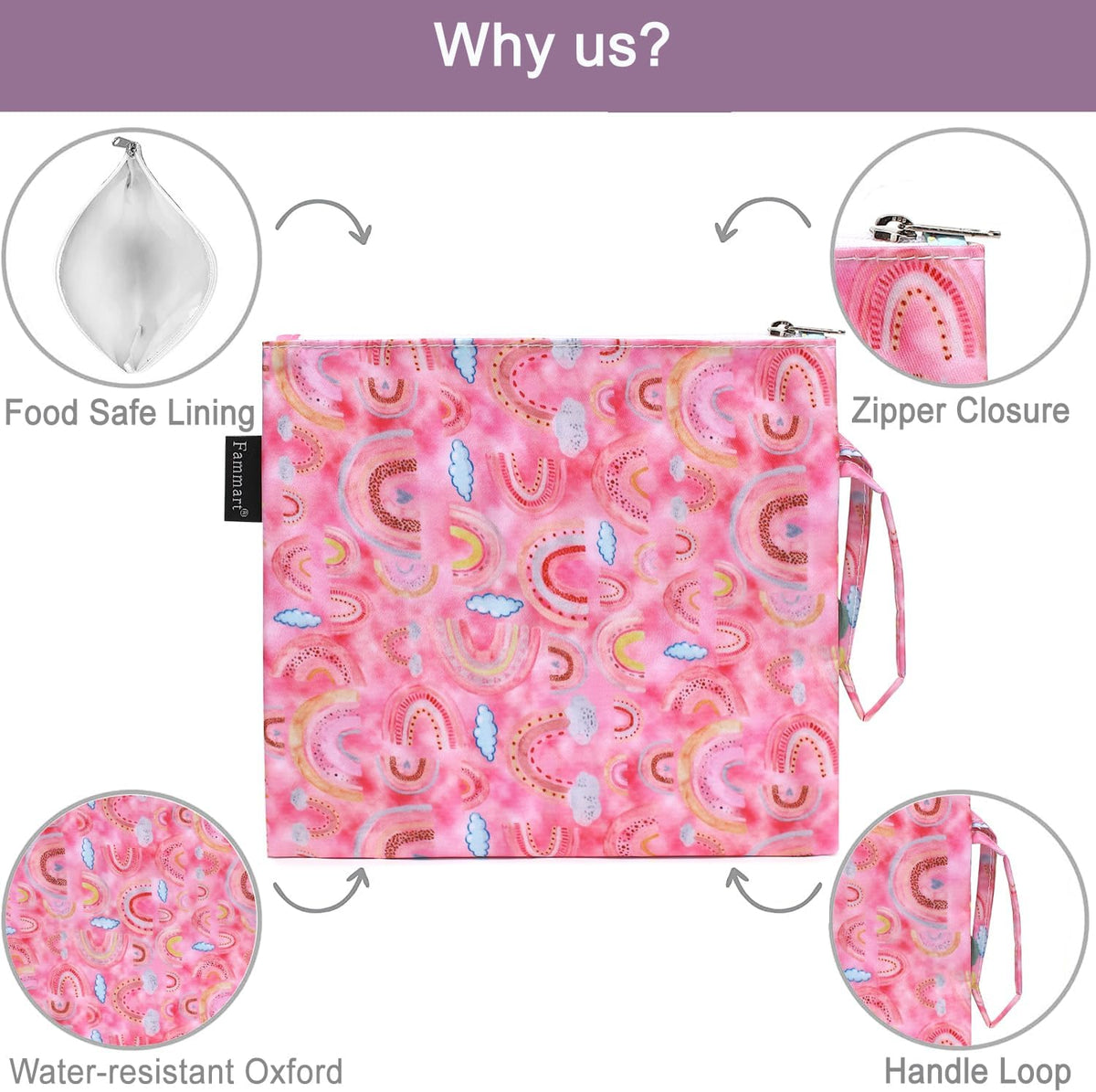 Reusable Sandwich Bag/Snack Bag for Kids & Adults, Dual Layer Lunch Bag with Handle, Washable, Food Safe, BPA Free (1-Pack, Rainbow)