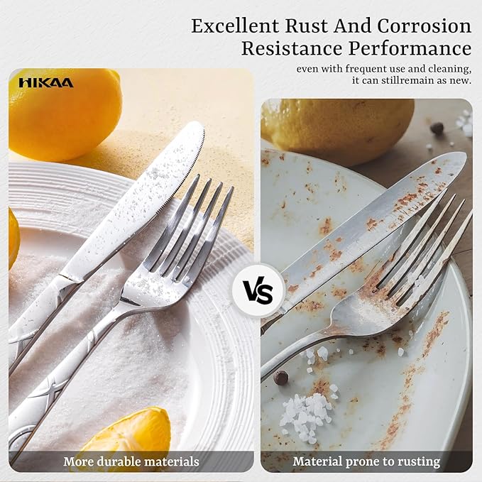 HIKAA 36PCS Stainless Steel Silverware Set with Steak Knives, Modern Flatware Set for Kitchen, Mirror Polished Cutlery Set with Forks, Spoons and Knives，Dishwasher Safe