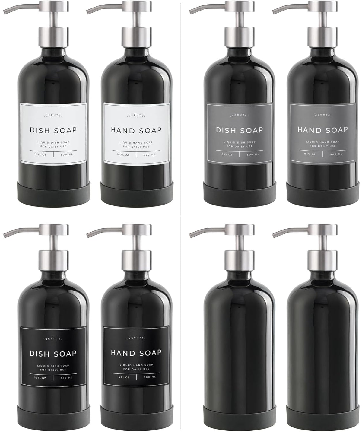 16oz Glass Soap Dispenser with Stainless Steel Pump, 21 Waterproof Labels, Non-Slip Protective Silicone Pad, Set of 2 for Bathroom & Kitchen (Gloss Black Bottle/Brushed Silver Pump)