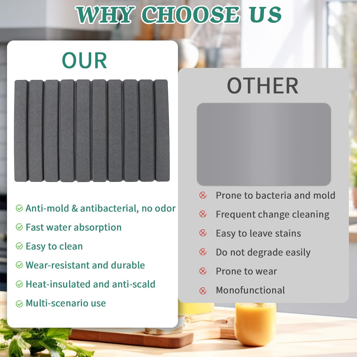 Stone Dish Drying Mat for Kitchen Counter, 24''×15'' Dark Grey Dishes Drying Matt Kitchen Counter, Absorbent Diatomaceous Earth Bath Quick Dry Mats for Tableware, Bottles and Cup