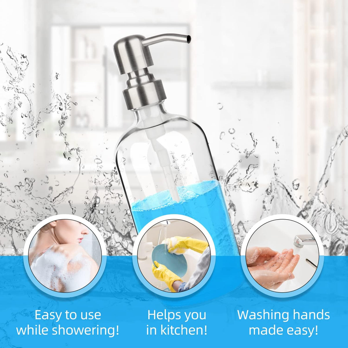 ARKTEK Glass Soap Dispenser - Clear Dish Soap Dispenser for Kitchen, Refillable Liquid Hand SoapDispenser with Rust Proof Stainless Steel Pump for Bathroom, Countertop (17 Ounce/ 500 ML)