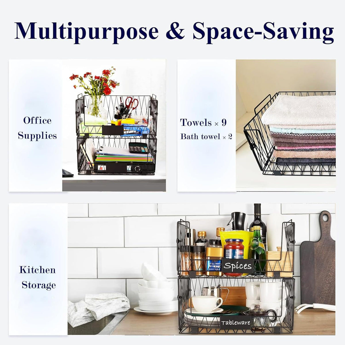 4 PACKS XXL Kitchen Organization and Storage Pantry Baskets, Fruit & Vegetable Basket for Kitchen Cabinet, Stackable Wire Baskets for Snack Chips Onion Potato Cans