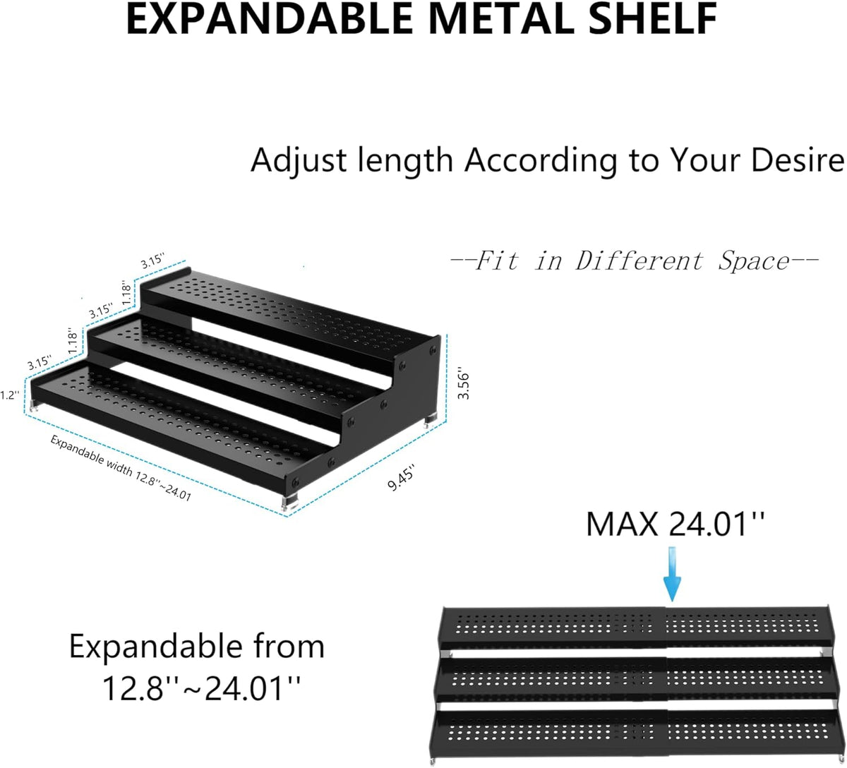 Expandable Spice Rack organizer with 3-Tier step shelf,Modern Design heavy duty,Non Skid and Visibility ,Great for Kitchen Cabinet,Bathroom,dressing table,Cupboard, Pantry and more(3PACKS/BLACK)