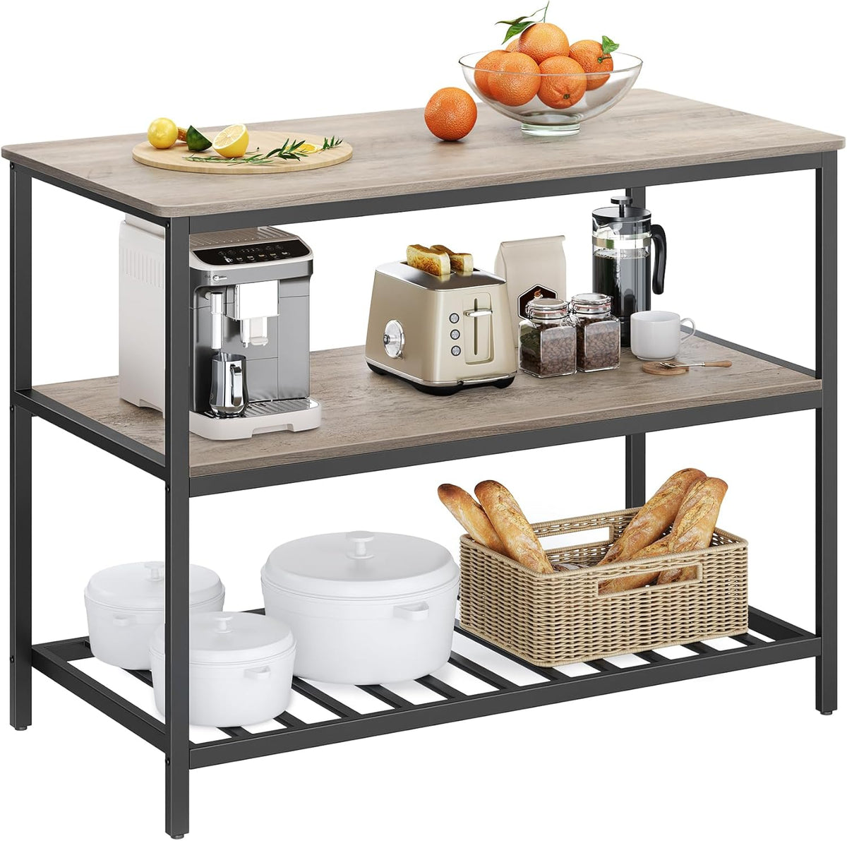 VASAGLE Kitchen Island with 3 Shelves, 47.2 Inches Width Kitchen Shelf with Large Worktop, Stable Steel Structure, Industrial, Easy to Assemble, Greige and Black UKKI001B02