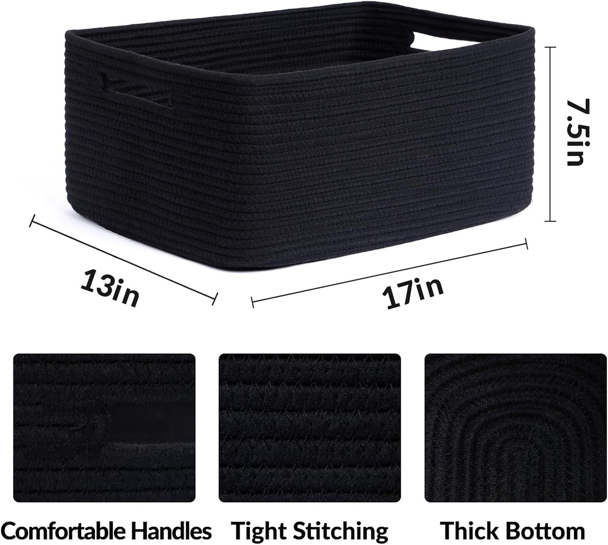Large Storage Baskets for Shelves, Closet Organizers Bins for Clothes Blanket Towels, Baby Nursery, Toy Baskets Box, Woven Rope Baskets, 17 x 13 x 7.5”, 3 Packs Black