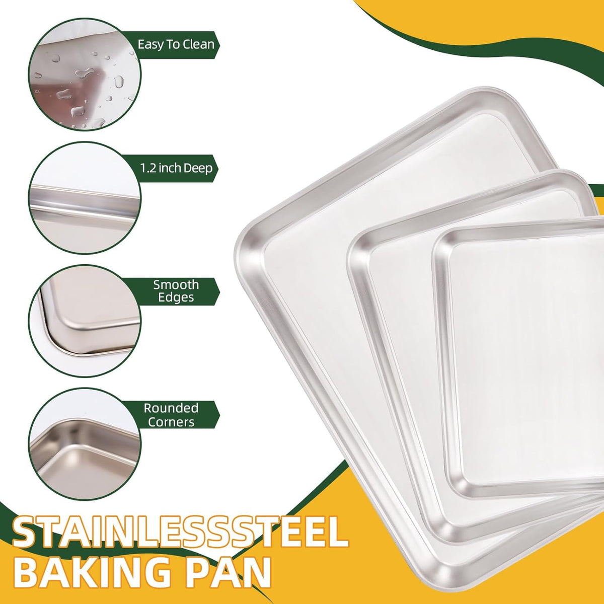 KEKEGO 4-piece set Multipurpose 304 Stainless Steel Baking Tray with Cooling Rack, 10/12/16 Inch,Rectangular Pan for Baking, Grilling, Food Prep, Draining, Non Toxic & Heavy Duty & Easy Clean