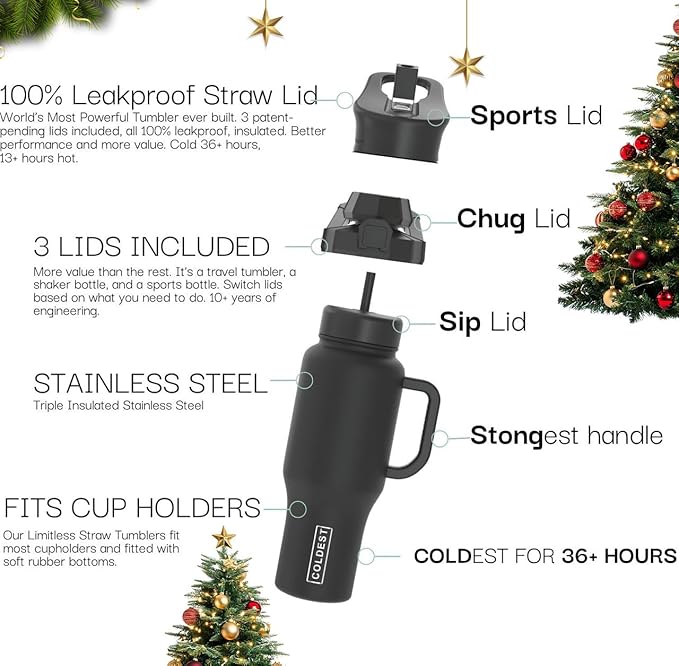 Coldest Tumbler with Handle and Straw - 100% Leak Proof Insulated Tumbler with Lid and Straw (3 Lids) - Stainless Steel Tumblers for Women & Men - Cup Holder Friendly Base, 36 oz (Trailblazer)