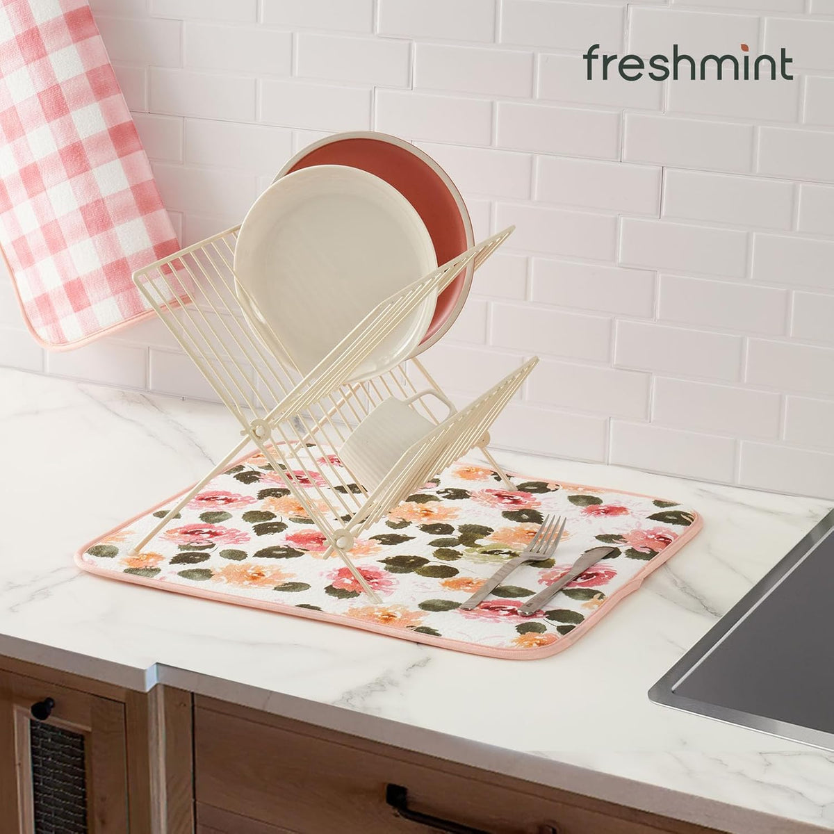 FRESHMINT Printed Dish Drying Mats for Kitchen Counter 2 Pack Absorbent Reversible Drying Mats Microfiber Kitchen Countertop Protector Dishes Drying Pad Extra Large 18"x16" Dish Mat (Floral)