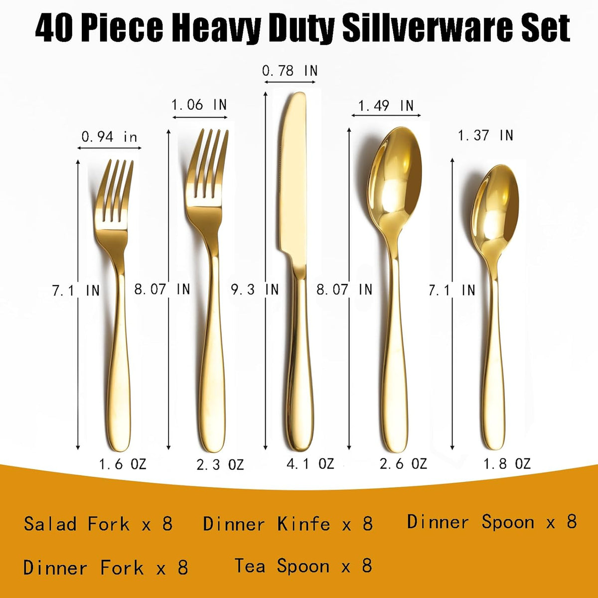 40-Piece Gold Silverware Set, Flatware Set for 8, Food-Grade Stainless Steel Tableware Cutlery Set, Mirror Finished Utensil Sets for Home Restaurant, Forks Spoons and Knives Set, Dishwasher Safe