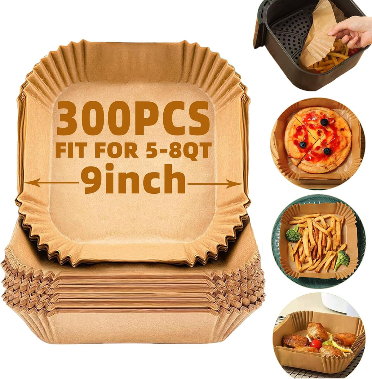 Air Fryer Liners Disposable,300Pcs LYHOLKEER 9inch Airfryer Liners for 5-8QT Air Fryer,Square Air Fryer Parchment Paper Liners for Ninja AF141,AF142,AF181,AF182,COSORI,Chefman,Instant Pot,Cuisinart