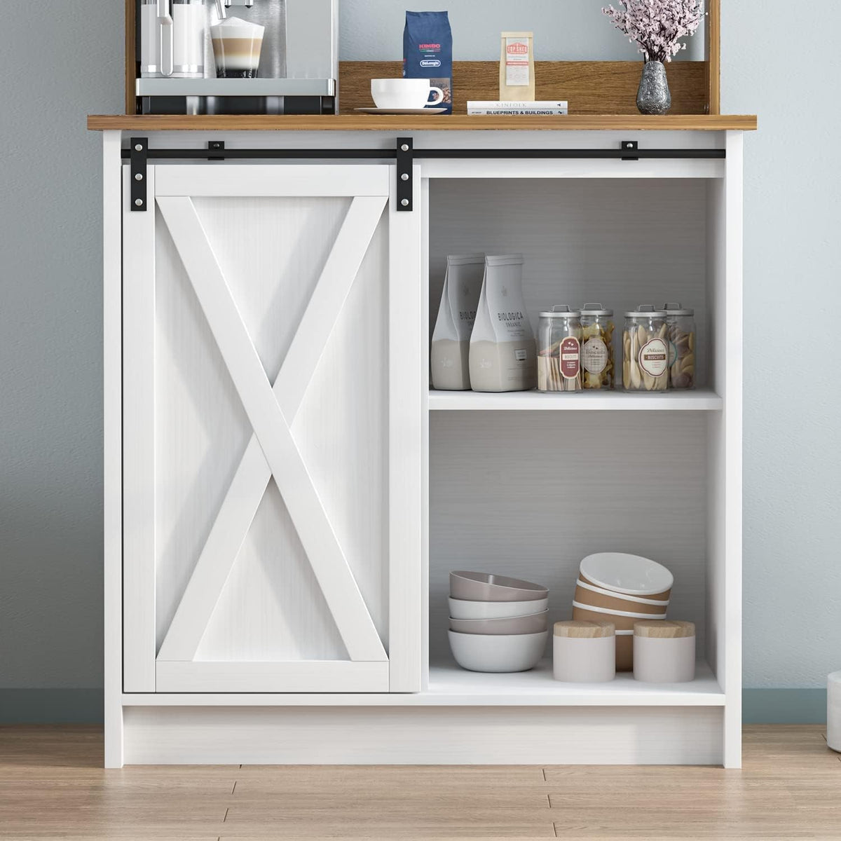 Farmhouse Coffee Bar with Hutch, White Coffee Bar Cabinet with Storage Sliding Barn Door, 31 Inch Buffet Cabinet with 6 Hooks, Coffee Bar Table with Adjustable Shelves for Living Dining Room