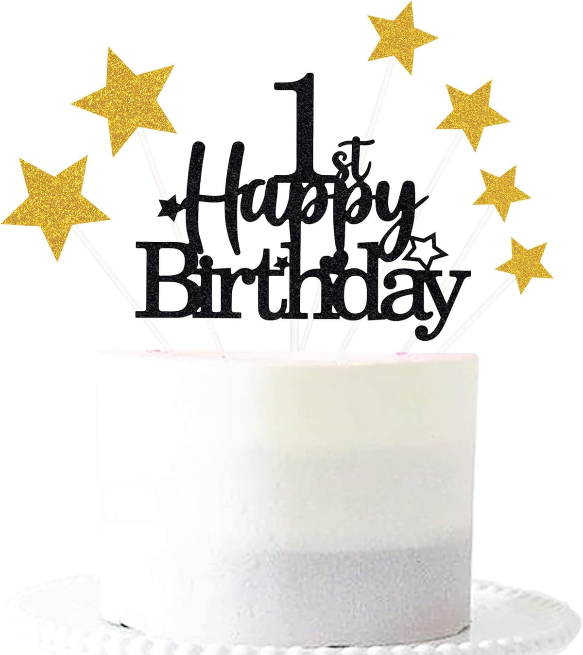 Glittery 1st Happy Birthday Cake Topper with Star,Personalised 1 Birthday Cake Toppers Party Decorations Party Supplies for Baby Boys Girls Black Gold