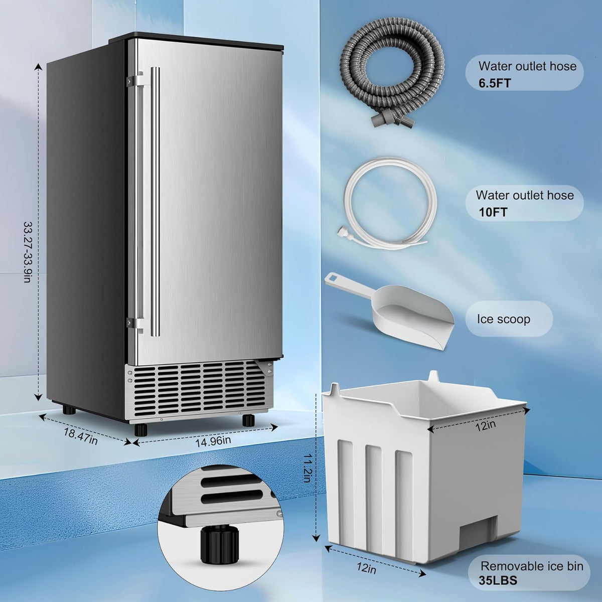 Under Counter Ice Maker, 95Lbs/Day with 35lbs Storage Bin, 40Pcs Cubes in 10Mins, Reversible Door, Built in Ice Machine for Home Office Commercial