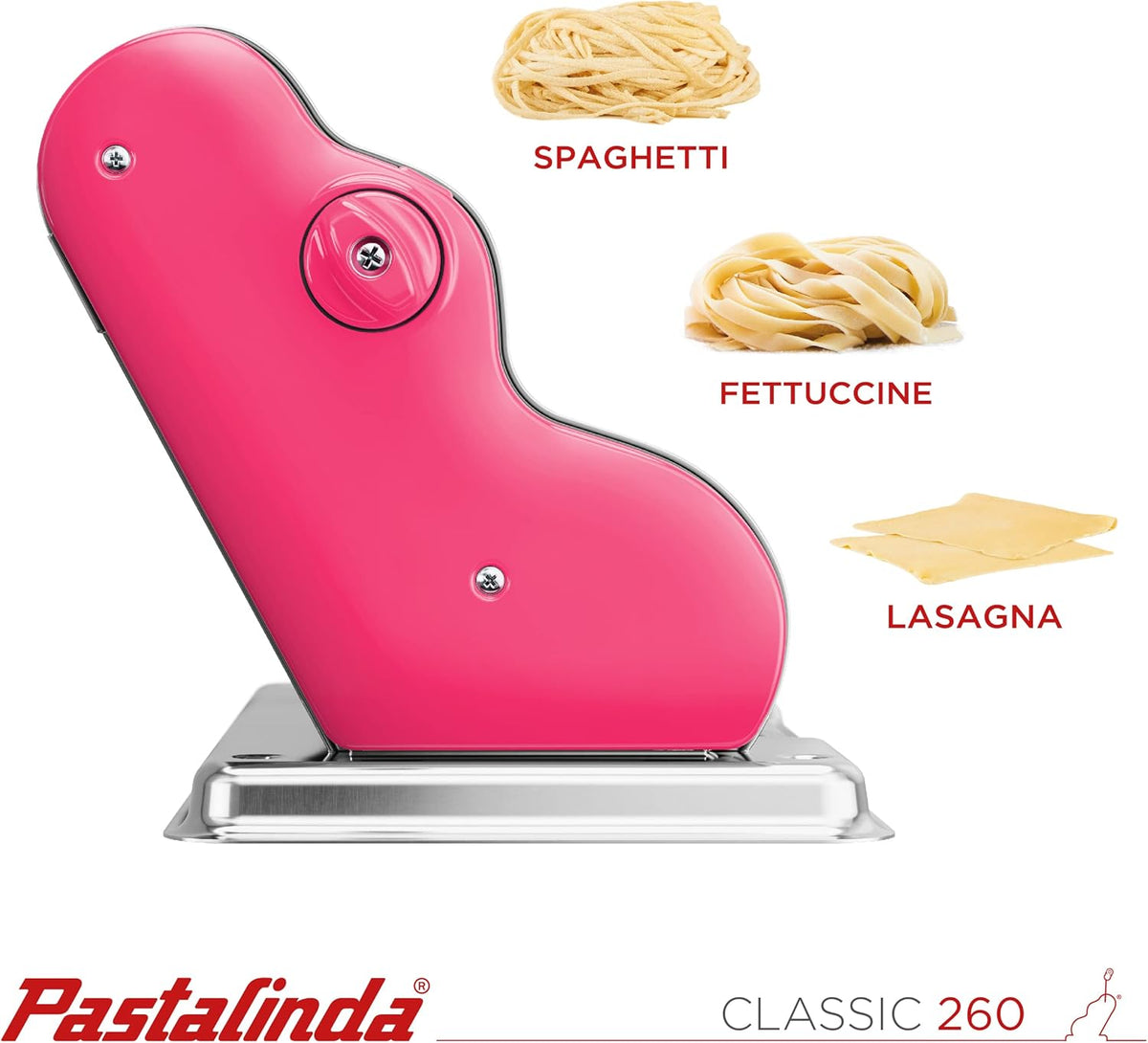 PASTALINDA Classic 260 Pasta Maker Machine, 26 cm Wide Rollers, 9 Thickness Positions, 2 Cutting Positions, Stainless Steel. Includes Reinforced Hand Crank And Two Clamps (Fuchsia)
